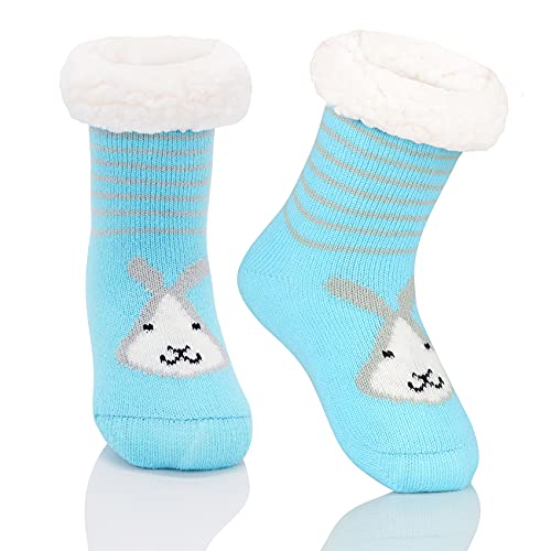 Durio Kindersocken Winter Warme Dicke Wintersocken Kuschelsocken Flauschige Thermosocken Haussocken Bodensocken Kinder Mädchen Jungen Blau Hase 1-3 Jahre von Durio