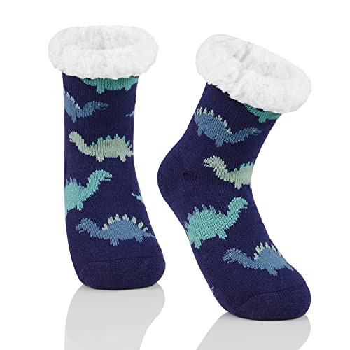 Durio Kindersocken für Jungen und Mädchen Tiersocken Flauschige Thermosocken Bodensocken Kuschelsocken Blau-Dinosaurier 6-10 Jahre von Durio