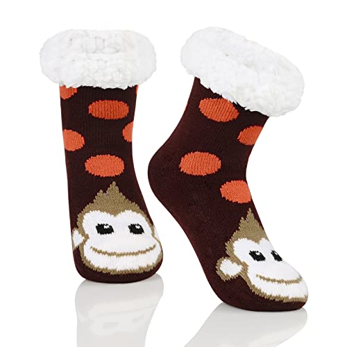 Durio Kindersocken für Jungen und Mädchen Tiersocken Flauschige Thermosocken Bodensocken Kuschelsocken Braun-Affe 10-18 Jahre von Durio