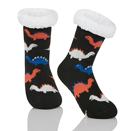 Durio Kindersocken für Jungen und Mädchen Tiersocken Flauschige Thermosocken Bodensocken Kuschelsocken Schwarz-Dinosaurier 10-18 Jahre von Durio