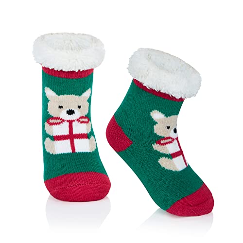 Durio Kindersocken für Mädchen und Jungen Wintersocken Weich Flauschig Warm Dick Kuschelsocken Thermosocken Haussocken Bodensocken für Kinder Grüner Bär Geschenk 6-18 Monate von Durio