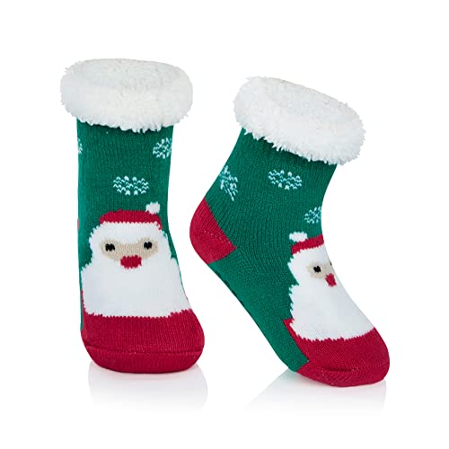 Durio Kindersocken für Mädchen und Jungen Wintersocken Weich Flauschig Warm Dick Kuschelsocken Thermosocken Haussocken Bodensocken für Kinder Grüner Weihnachtsmann 1-3 Jahre von Durio