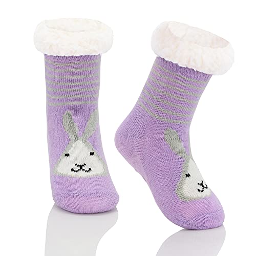 Durio Kindersocken für Mädchen und Jungen Wintersocken Weich Flauschig Warm Dick Kuschelsocken Thermosocken Haussocken Bodensocken für Kinder Lila Hase A 3-5 Jahre von Durio