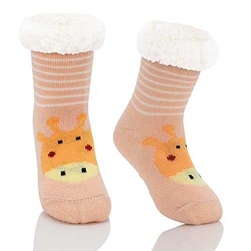 Durio Kindersocken für Mädchen und Jungen Wintersocken Weich Flauschig Warm Dick Kuschelsocken Thermosocken Haussocken Bodensocken für Kinder Pink Giraffe 1-3 Jahre von Durio