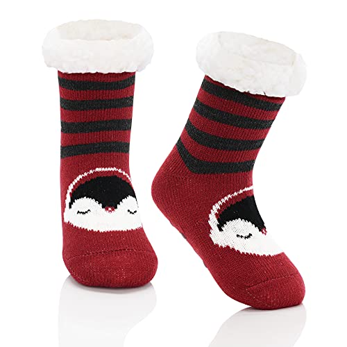 Durio Kindersocken für Mädchen und Jungen Wintersocken Weich Flauschig Warm Dick Kuschelsocken Thermosocken Haussocken Bodensocken für Kinder Rot Pinguin A A 1-3 Jahre von Durio