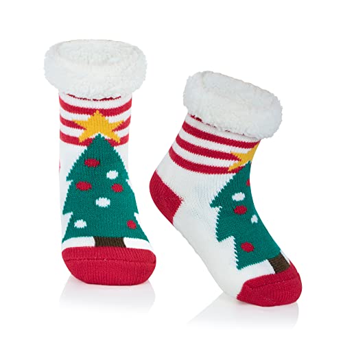 Durio Kindersocken für Mädchen und Jungen Wintersocken Weich Flauschig Warm Dick Kuschelsocken Thermosocken Haussocken Bodensocken für Kinder Roter und weißer Weihnachtsbaum 1-3 Jahre von Durio