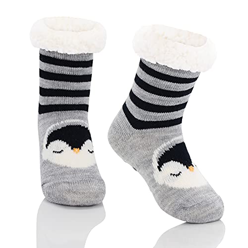 Durio Kindersocken für Mädchen und Jungen Wintersocken Weich Flauschig Warm Dick Kuschelsocken Thermosocken Haussocken Bodensocken für Kinder Schwarz-Grau Pinguin 1-3 Jahre von Durio