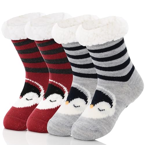 Durio Kindersocken für Mädchen und Jungen Wintersocken Weich Flauschig Warm Dick Kuschelsocken Thermosocken Haussocken Bodensocken für Kinder Schwarzer Pinguin Roter Pinguin 1-3 Jahre von Durio