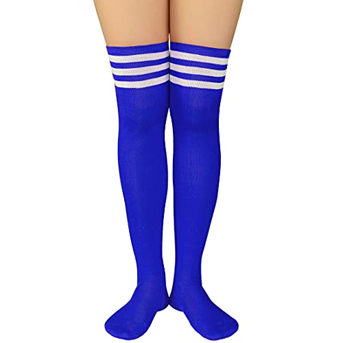 Durio Overknees Strümpfe Damen mit streifen gestreift knee high socks tigh high programmatic Kniestrümpfe für Kostüme Karneval Halloween Strümpfe Blau mit Weiß Streifen von Durio