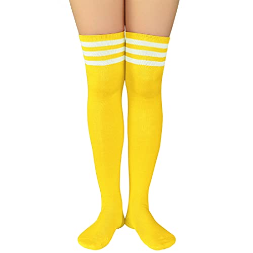 Durio Overknees Strümpfe Damen mit streifen gestreift knee high socks tigh high programmatic Kniestrümpfe für Kostüme Karneval Halloween Strümpfe Gelb mit Weiß Streifen von Durio