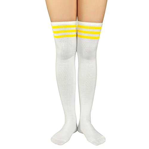 Durio Overknees Strümpfe Damen mit streifen gestreift knee high socks tigh high programmatic Kniestrümpfe für Kostüme Karneval Halloween Strümpfe Weiß mit Gelb Streifen von Durio