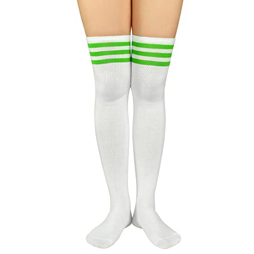 Durio Overknees Strümpfe Damen mit streifen gestreift knee high socks tigh high programmatic Kniestrümpfe für Kostüme Karneval Halloween Strümpfe Weiß mit Grün Streifen von Durio