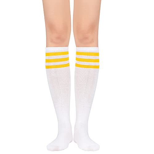 Durio Kniestrümpfe Damen Kniehohe Socken Gestreift Sportsocken Dünn Strümpfe mit Streifen Casual Lange Socken Weiß mit Gelb Streifen von Durio