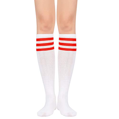 Durio Kniestrümpfe Damen Kniehohe Socken Gestreift Sportsocken Dünn Strümpfe mit Streifen Casual Lange Socken Weiß mit Rot Streifen von Durio