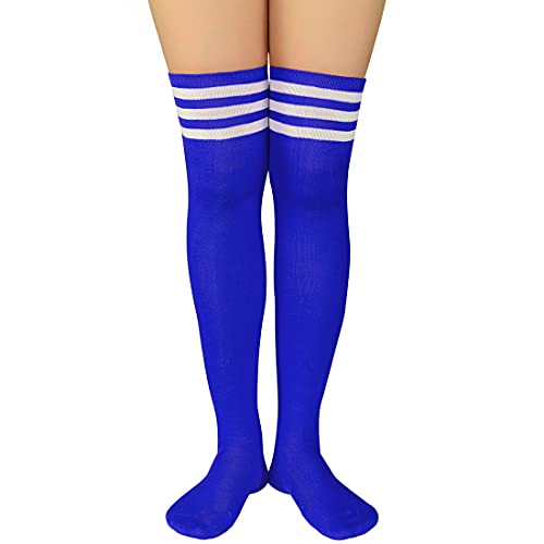 Durio Kniestrümpfe Damen Overknee Socken Lange Strümpfe Überknie Gestreift Socken Kniestrümpfe Karneval Halloween Kostüm Cosplay Kostüm Mädchen Blau mit Weiße Streifen Einheitsgröße von Durio