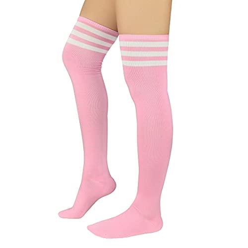 Durio Kniestrümpfe Damen Overknee Socken Lange Strümpfe Überknie Gestreift Socken Kniestrümpfe Karneval Halloween Kostüm Rosa mit Weiße Streifen Einheitsgröße von Durio