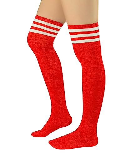 Durio Kniestrümpfe Damen Overknee Socken Lange Strümpfe Überknie Gestreift Socken Kniestrümpfe Karneval Halloween Kostüm Cosplay Kostüm Mädchen Rot mit Weiße Streifen Einheitsgröße von Durio