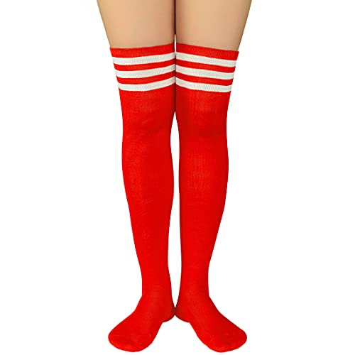 Durio Kniestrümpfe Damen Overknee Socken Lange Strümpfe Überknie Gestreift Socken Kniestrümpfe Karneval Halloween Kostüm Cosplay Kostüm Mädchen Rot mit Weiße Streifen Einheitsgröße von Durio