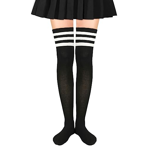 Durio Kniestrümpfe Damen Overknee Socken Lange Strümpfe Überknie Gestreift Socken Kniestrümpfe Karneval Halloween Kostüm Cosplay Kostüm Mädchen Schwarz mit Weiße Streifen Einheitsgröße von Durio