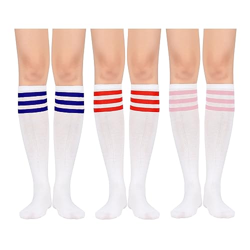 Durio Kniestrümpfe Damen Overknee Socken Lange Strümpfe Überknie Gestreift Socken Kniestrümpfe Karneval Halloween Kostüm Cosplay Kostüm Mädchen Weiß (Blau, Rosa, Rot Streifen) 3 Paar Einheitsgröße von Durio