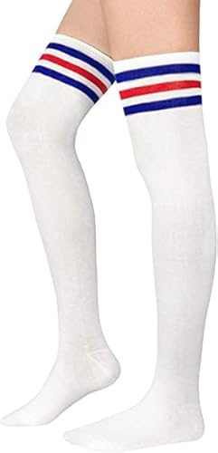 Durio Kniestrümpfe Damen Overknee Socken Lange Strümpfe Überknie Gestreift Socken Kniestrümpfe Karneval Halloween Kostüm Cosplay Kostüm Mädchen Weiß mit Blau u. Rot Streifen Einheitsgröße von Durio