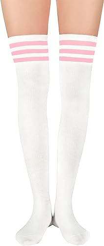 Durio Kniestrümpfe Damen Overknee Socken Lange Strümpfe Überknie Gestreift Socken Kniestrümpfe Karneval Halloween Kostüm Cosplay Kostüm Mädchen Weiß mit Rosa Streifen Einheitsgröße von Durio