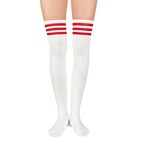 Durio Kniestrümpfe Damen Overknee Socken Lange Strümpfe Überknie Gestreift Socken Kniestrümpfe Karneval Halloween Kostüm Cosplay Kostüm Mädchen Weiß mit Rote Streifen Einheitsgröße von Durio