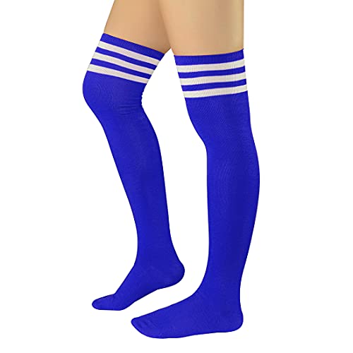 Durio Overknees Kniestrümpfe Damen Winter Hohe Socken Damen Thermo Lange Strümpfe Damen Warme Lange Socken Einheitsgröße Blau mit Weiße Streifen von Durio