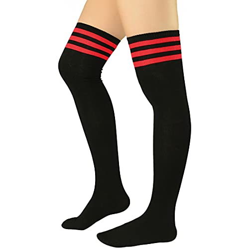 Durio Overknees Kniestrümpfe Damen Winter Hohe Socken Damen Thermo Lange Strümpfe Damen Warme Lange Socken Einheitsgröße Schwarz mit Rote Streifen von Durio