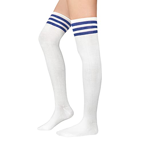 Durio Overknees Strümpfe Damen Winter Hohe Socken Damen Overknees socken Warme Lange Socken Thermo Lange Strümpfe Damen kniestrümpfe Weiß mit Blaue Streifen Einheitsgröße von Durio