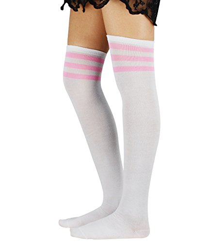 Durio Kniestrümpfe Damen Weiß mit 3 Streifen Overknee Strümpfe Gestreifte Socken Überknie Strümpfe Extra Lang Mädchen Rosa Streifen von Durio