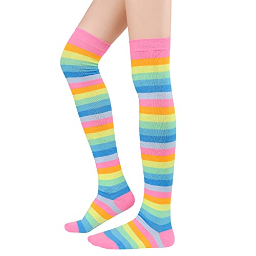 Durio Kniestrümpfe Damen Über Kniehohe Socken Gestreift Socken Lange Overknee Sock Kostüm Strümpfe Regenbogen Rosa von Durio