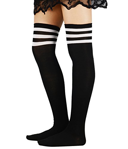 Durio Kniestrümpfe Damen Weiß Overknee Strümpfe Überknie Mädchen Strümpfe Extra Lange Gestreifte Socken mit 3 Streifen Schwarz mit Weiß Streifen One Size von Durio