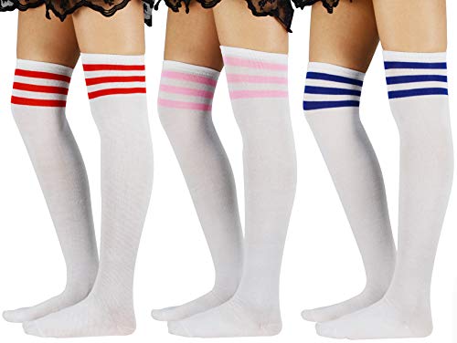 Durio Kniestrümpfe Damen Weiß mit 3 Streifen Overknee Strümpfe Gestreifte Socken Überknie Strümpfe Extra Lang Mädchen 3er Pack Rot Rosa u. Blau von Durio