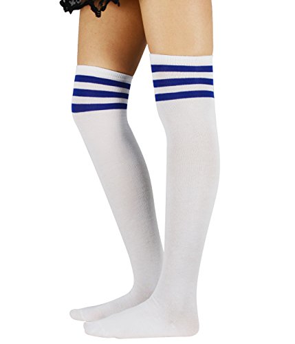 Durio Kniestrümpfe Damen Weiß mit 3 Streifen Overknee Strümpfe Gestreifte Socken Überknie Strümpfe Extra Lang Mädchen Blaue Streifen von Durio