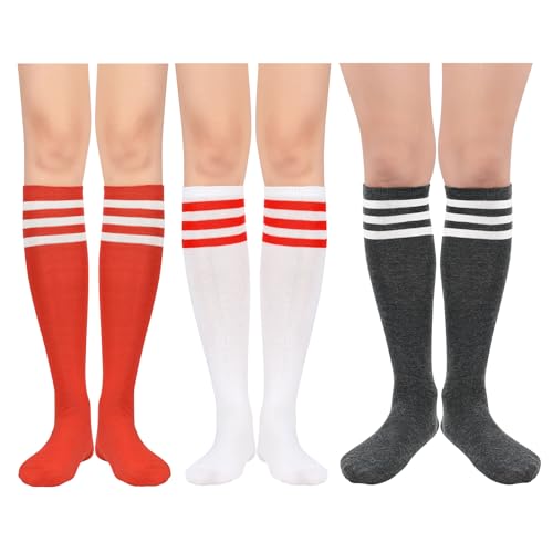 Durio Overknees Strümpfe Damen Winter Hohe Socken Damen Overknees socken Warme Lange Socken Thermo Lange Strümpfe Damen kniestrümpfe 3 Paar Streifens: Rote Weiße und Schwarz Einheitsgröße von Durio