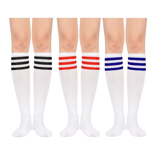 Durio Overknees Strümpfe Damen Winter Hohe Socken Damen Overknees socken Warme Lange Socken Thermo Lange Strümpfe Damen kniestrümpfe 3 Paar Streifens: Schwarz Rote und Blau Einheitsgröße von Durio