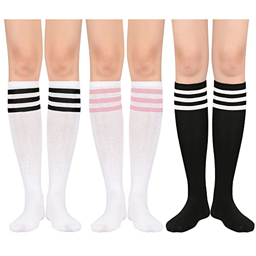 Durio Kniestrümpfe Damen Winter Hohe Socken Damen Thermo Lange Strümpfe Damen Warme Lange Socken 3 Paar Streifens: Schwarz Weiße und Rosa Einheitsgröße von Durio