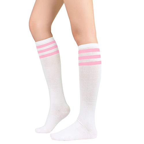 Durio Kniestrümpfe Damen Winter Hohe Socken Damen Thermo Lange Strümpfe Damen Warme Lange Socken Weiße rosa Streifen Einheitsgröße von Durio