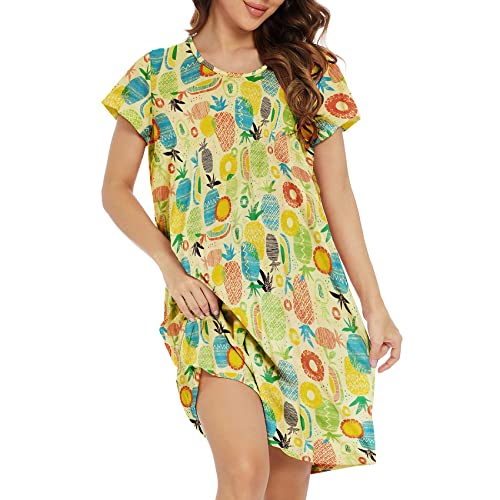 Durio Kurzarm Nachthemd Kleid Damen Mädchen Negligee für Frauen Rundhals Nachtkleid Mädchen Schlafshirt Nachtkleid Gelbe Ananas XL von Durio