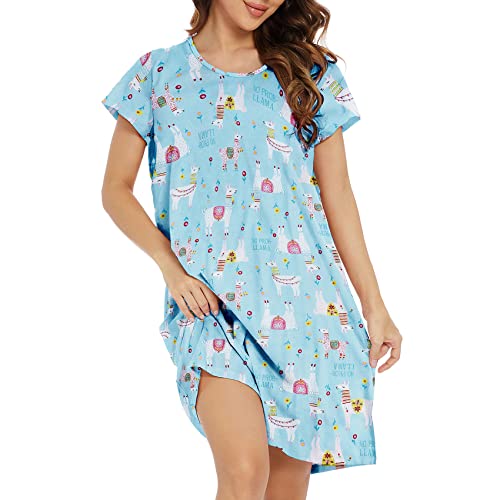 Durio Kurzarm Nachthemd Kleid Damen Mädchen Negligee für Frauen Rundhals Nachtkleid Mädchen Schlafshirt Nachtkleid Hellblau Alpaka M von Durio