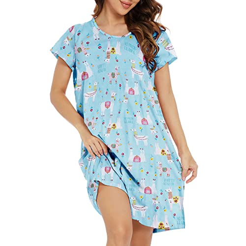 Durio Kurzarm Nachthemd Kleid Damen Mädchen Negligee für Frauen Rundhals Nachtkleid Mädchen Schlafshirt Nachtkleid Hellblau Alpaka S von Durio