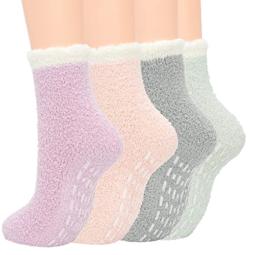 Durio Kuschelsocken Damen Stoppersocken Fuzzy Warm Wintersocken Weich Flauschigsocken 4 Paare B von Durio