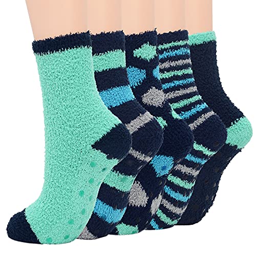 Durio Kuschelsocken Damen Stoppersocken Noppen anti-rutsch Socken Flauschig Wintersocken Weich 5 Paare Grün von Durio