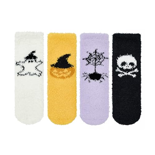 Durio Kuschelsocken Damen Wintersocken Warme Flauschige Weihnachtssocken Fuzzy Sock 4 Paare Niedliche Halloween Serie von Durio