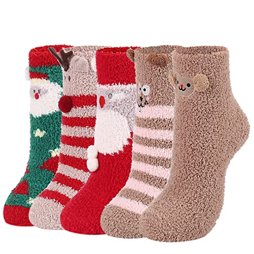 Durio Kuschelsocken Damen Wintersocken Warme Flauschige Weihnachtssocken Fuzzy Sock 5 Paare Weihnachten Serie von Durio