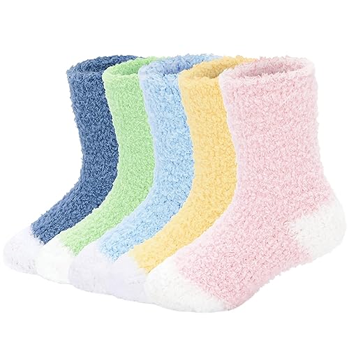 Durio Kuschelsocken Kinder Baby Socken Flauschige Socken Stoppersocken Wollsocken Warm Anti Rutsch Wintersocken 5er Set A 6 Monate-24 Monate (Tag Size S) von Durio