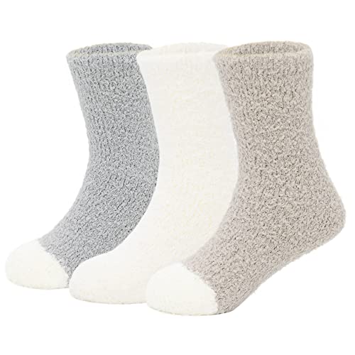 Durio Kuschelsocken Kinder Warme Socken Stoppersocken Anti Rutsch Wintersocken Hausschuhsocken Winter Thermo Flauschige Socken 3 Paare Grau Khaki u. Weiß 4-10 Jahre von Durio