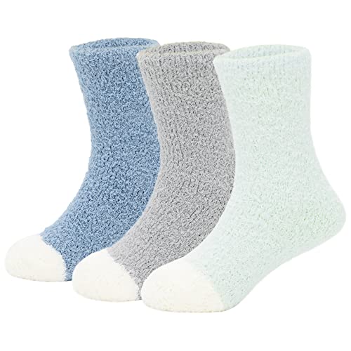 Durio Kuschelsocken Kinder Warme Socken Stoppersocken Anti Rutsch Wintersocken Hausschuhsocken Winter Thermo Flauschige Socken 3 Paare Grün Grau u. Blau 4-10 Jahre von Durio