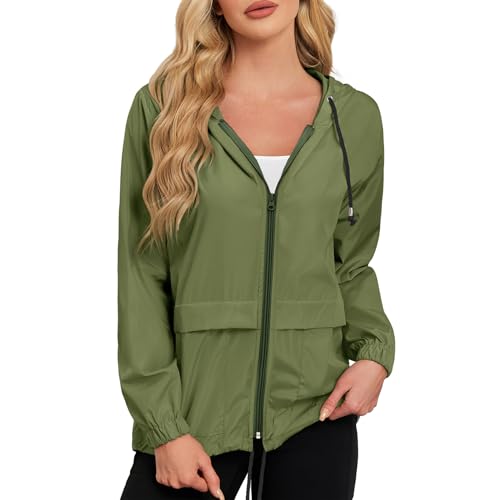 Durio Leicht Regenjacke Damen Wasserdicht Atmungsaktiv Faltbar Windbreaker Mit Kapuze Softshelljacke Fahrradjacke Regencape Armee grün 2XL von Durio
